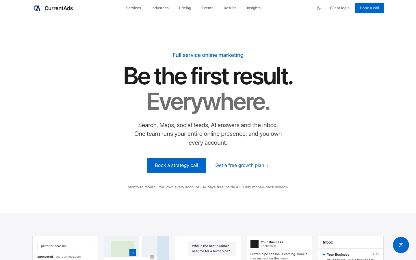 The currentads.net home page, headed “Be the first result. Everywhere.”