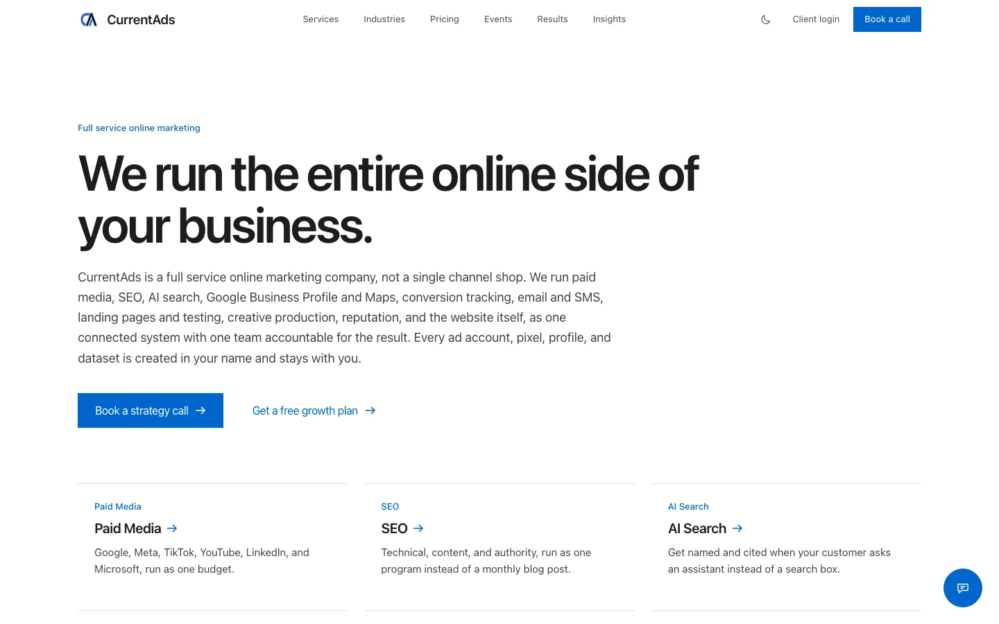 The currentads.net services page, headed “We run the entire online side of your business”, with three columns for Paid Media, SEO and AI Search.
