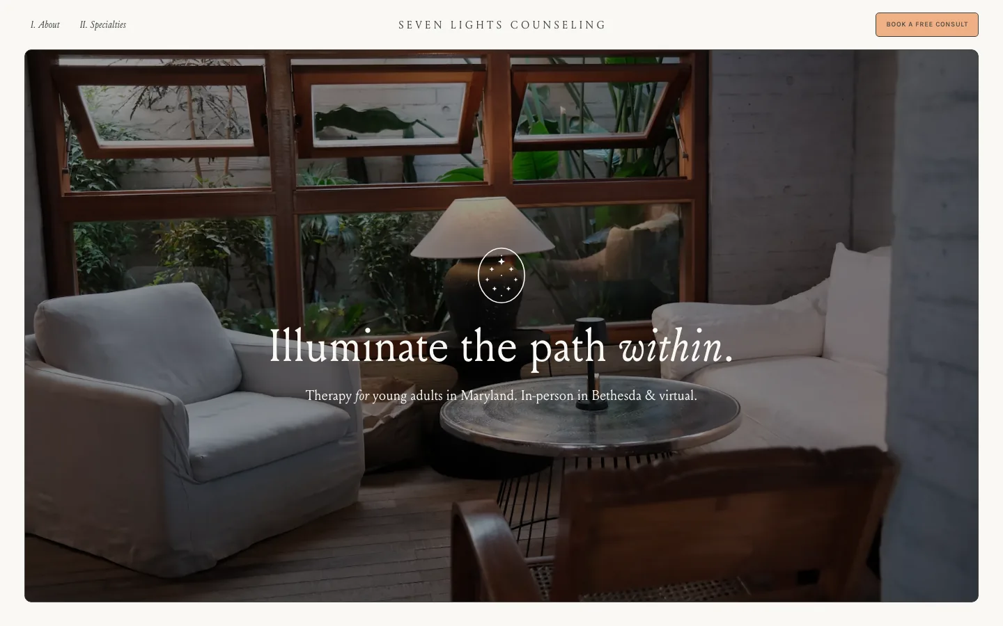 The Seven Lights Counseling home page, headed “Illuminate the path within”, over a photograph of a consulting room.