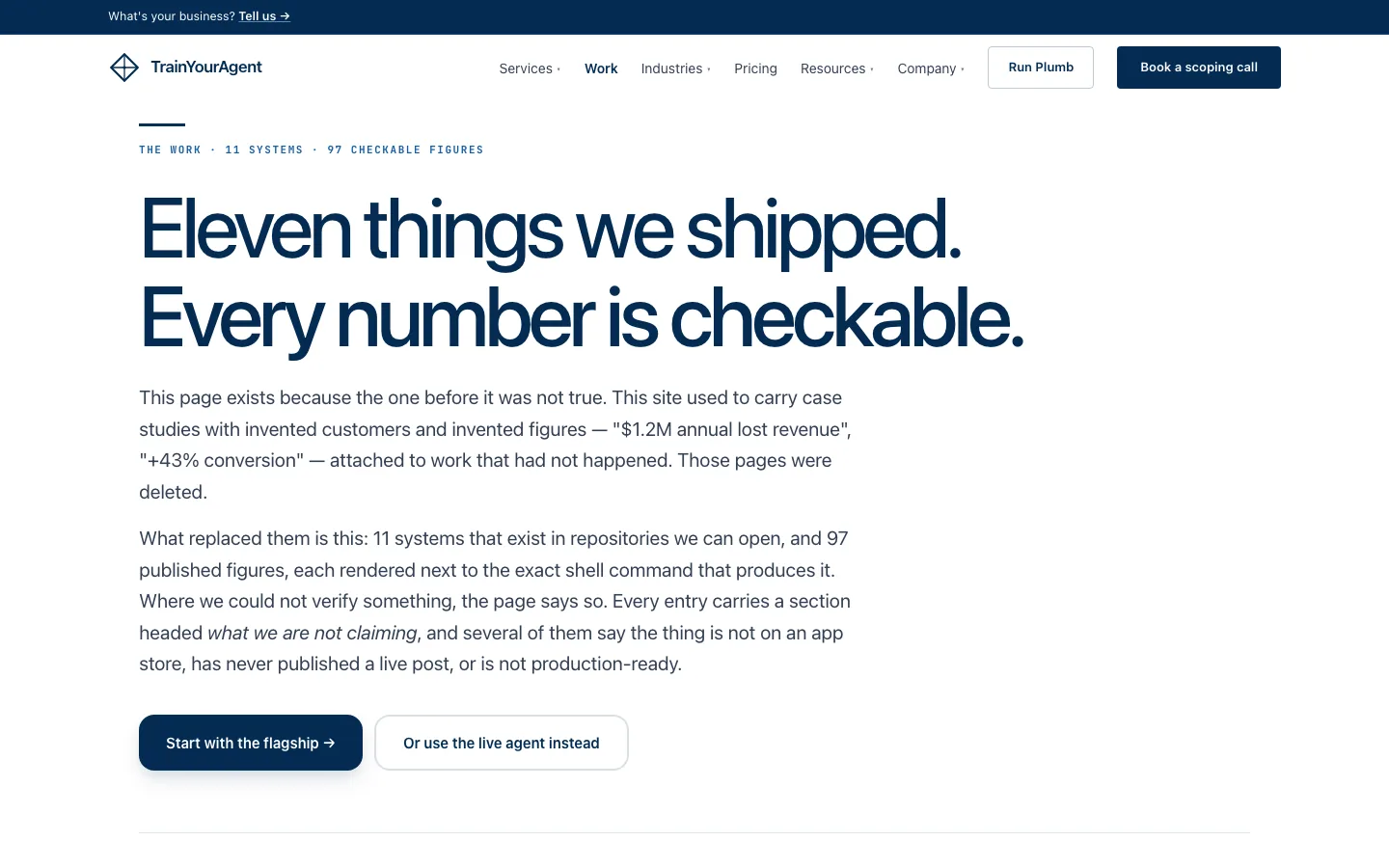 The trainyouragent.com work index, headed “Eleven things we shipped. Every number is checkable.”
